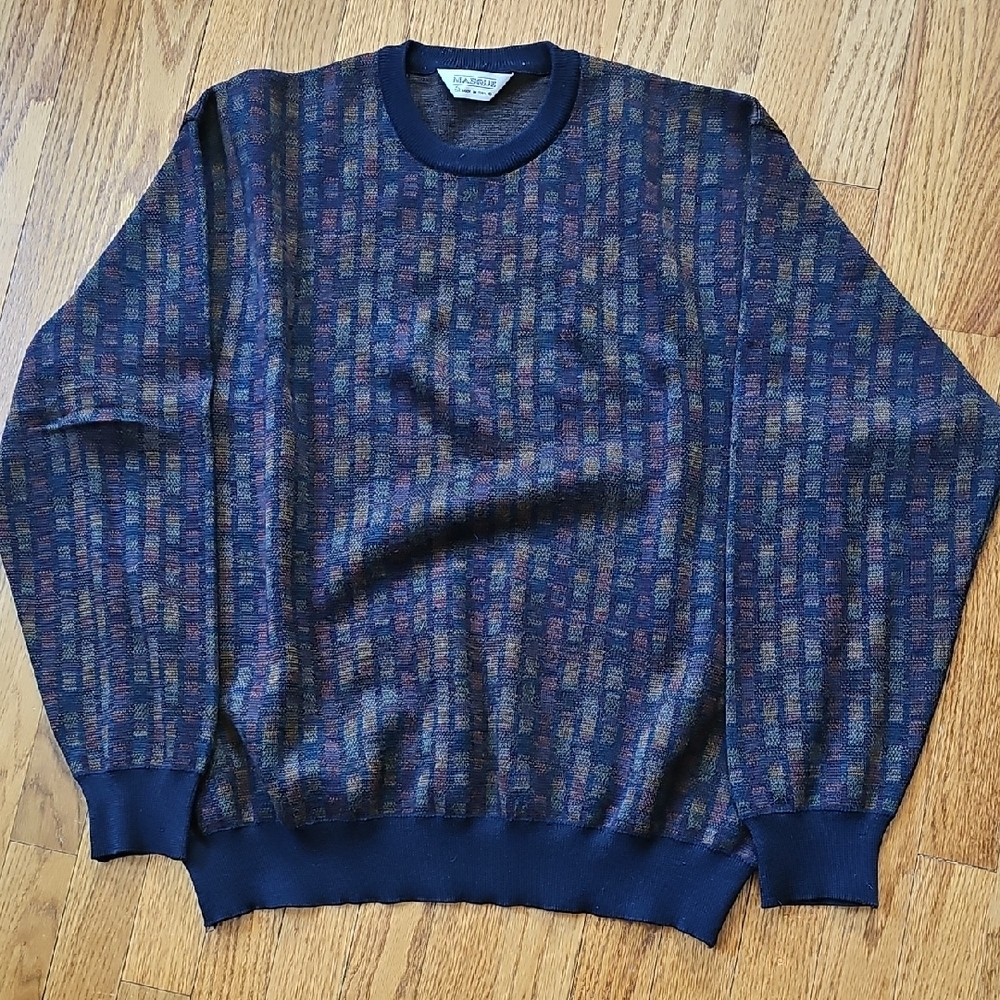 MENS Grand Slam Navy Multi-Pattern Crewneck Sweater with Burgundy & Teal Accents